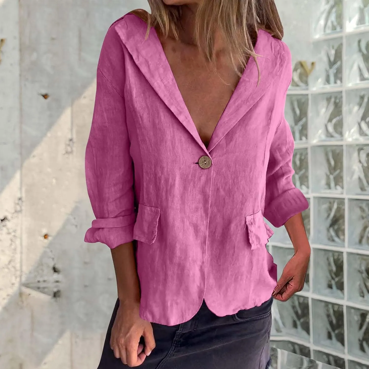2024 Fall Cotton Linen Blazer Women Long Sleeve Lightweight One Button Cardigan Jackets Business Casual Work Outwear