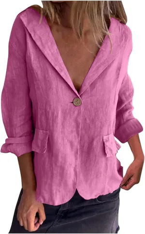 2024 Fall Cotton Linen Blazer Women Long Sleeve Lightweight One Button Cardigan Jackets Business Casual Work Outwear