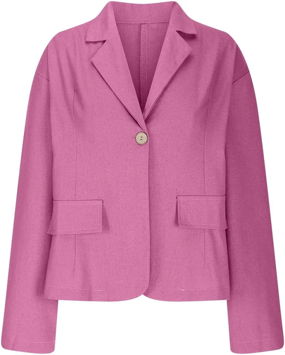 2024 Fall Cotton Linen Blazer Women Long Sleeve Lightweight One Button Cardigan Jackets Business Casual Work Outwear