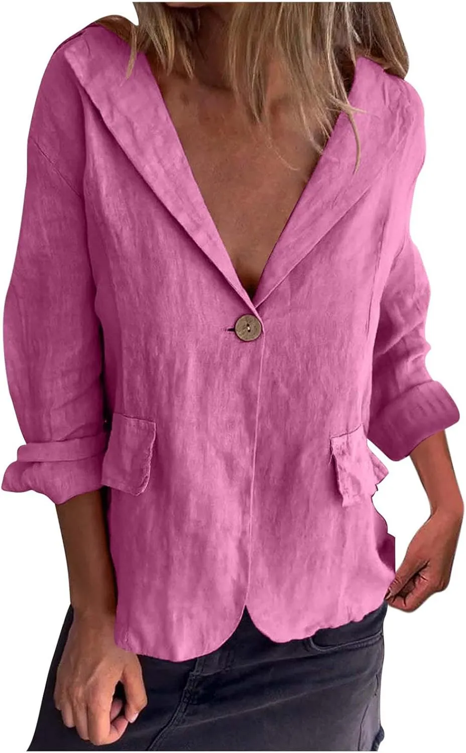 2024 Fall Cotton Linen Blazer Women Long Sleeve Lightweight One Button Cardigan Jackets Business Casual Work Outwear