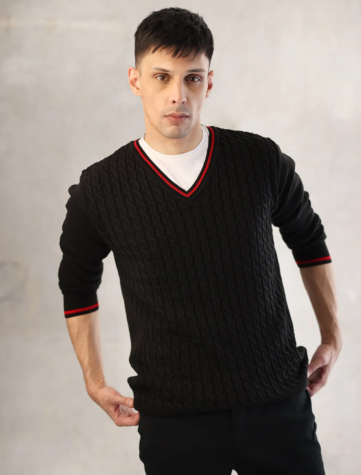 BLACK KNIT CABLE FULL SLEEVE SWEATER