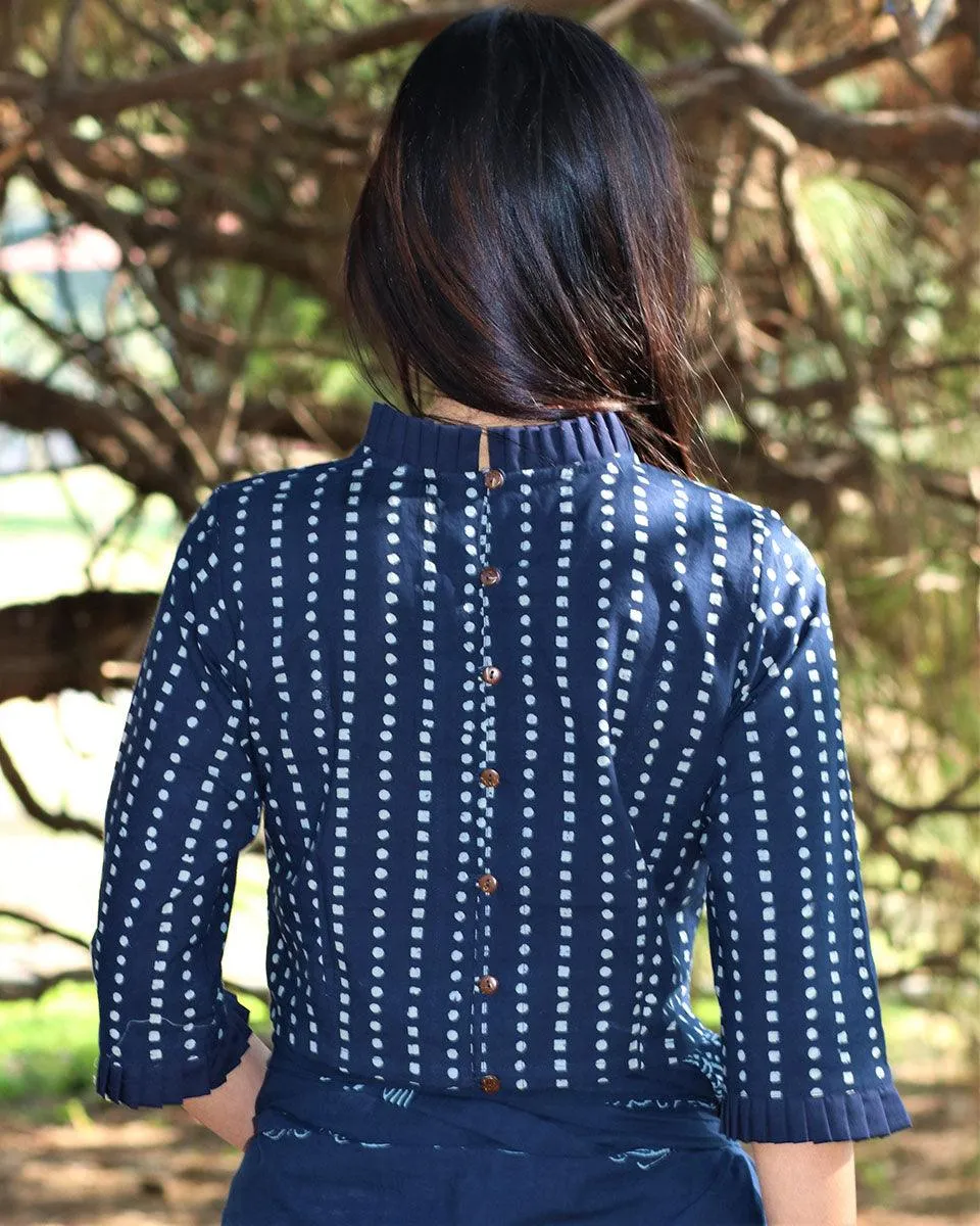 Blue Blockprinted Cotton Crop Top With Frills