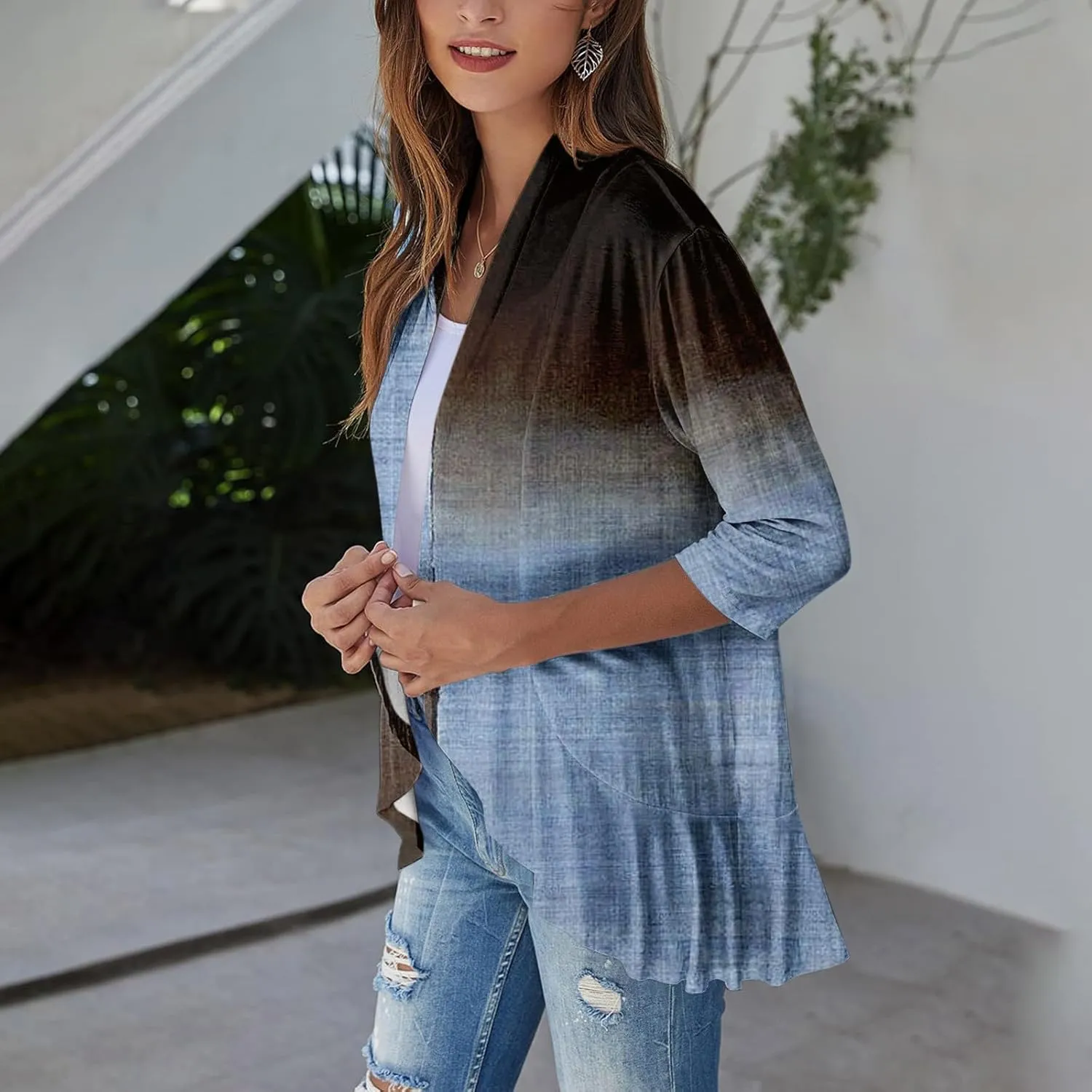 Cardigans for Women 2025 Retro Print Lightweight Cardigans Casual Duster Jackets 3/4 Sleeve Blouse Tops Coat