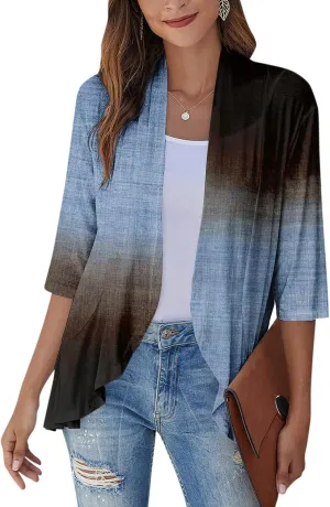 Cardigans for Women 2025 Retro Print Lightweight Cardigans Casual Duster Jackets 3/4 Sleeve Blouse Tops Coat