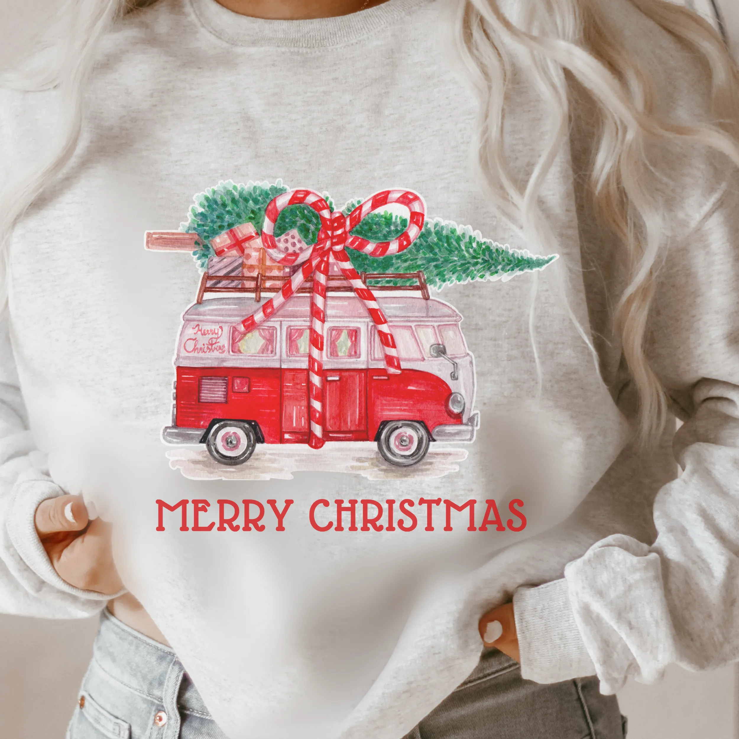 Christmas Vintage Van Crewneck Sweatshirt Women's Christmas Pullover Christmas Retro Van Crewneck Warm Cozy Gildan Pullover