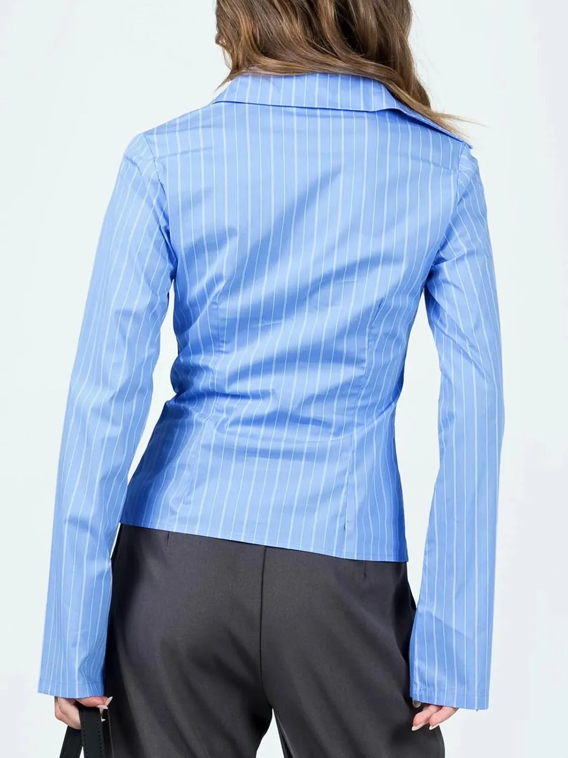 Cicy Bell Womens Striped Button Down Shirts Flare Long Sleeve Collared V Neck Business Work Office Blouse Tops