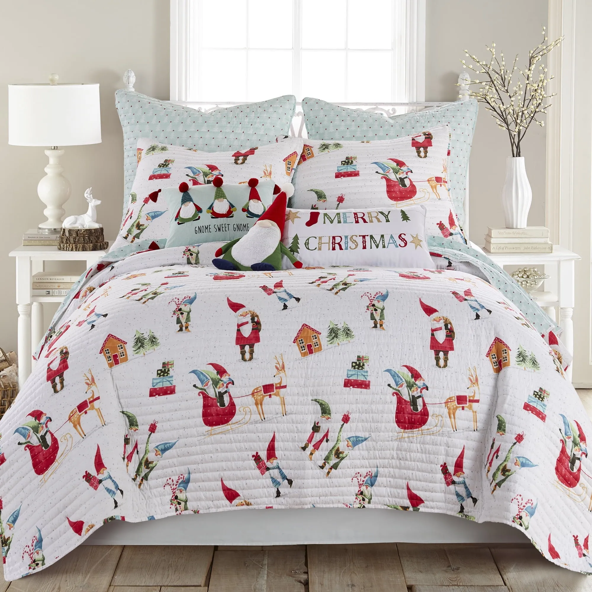 classic Merry & Bright by  - Gnome for the Holidays Quilt - Full/Queen - Christmas Gnomes - Red, Green and White - Quilt (86x86in.) - Reversible - Microfiber White King
