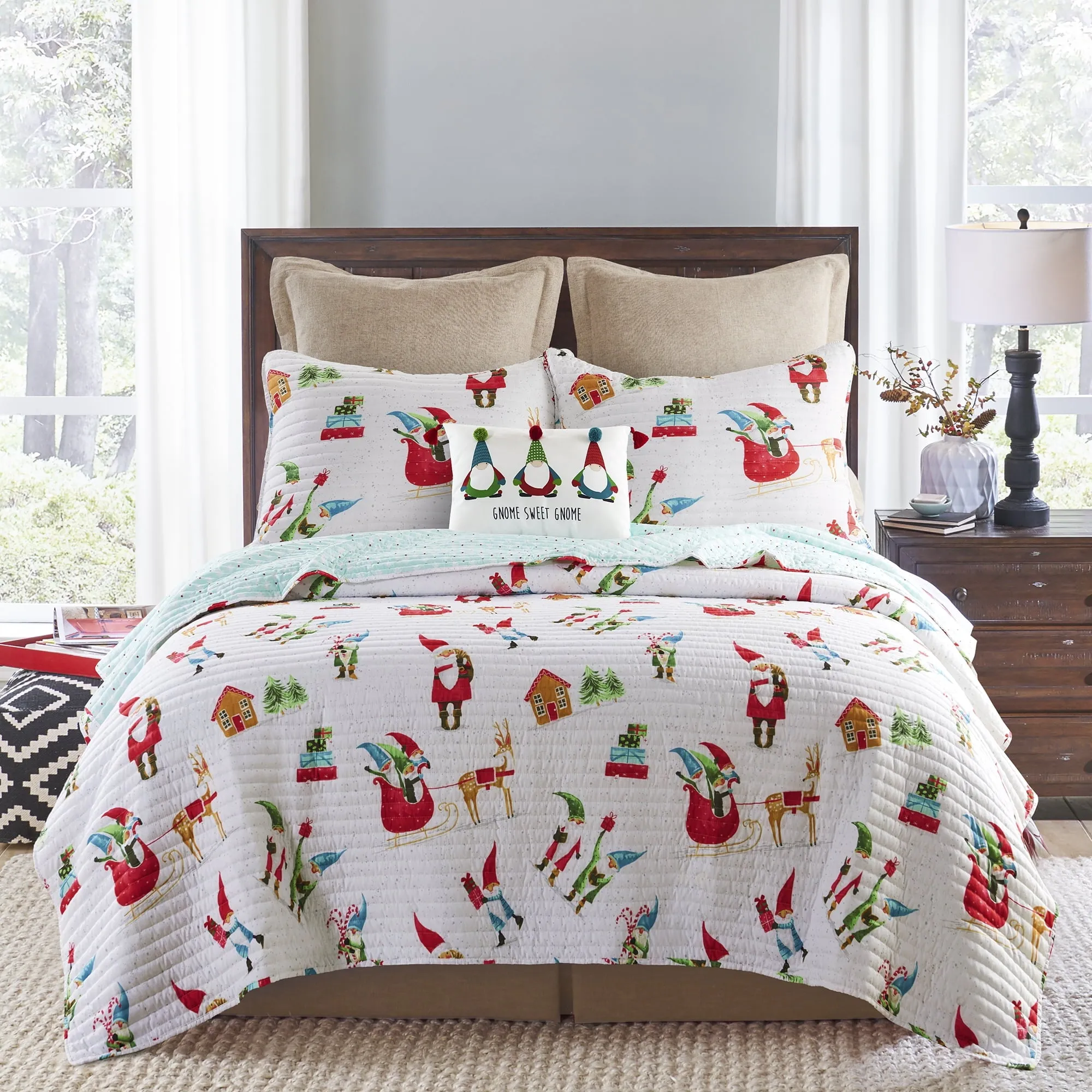 classic Merry & Bright by  - Gnome for the Holidays Quilt - Full/Queen - Christmas Gnomes - Red, Green and White - Quilt (86x86in.) - Reversible - Microfiber White King