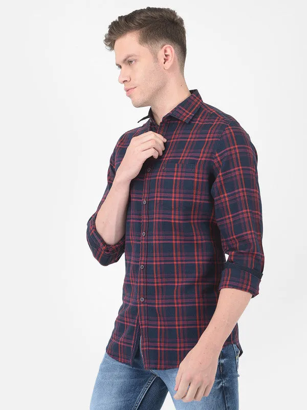 Cotton Blue Slim Fit Checkered Shirt
