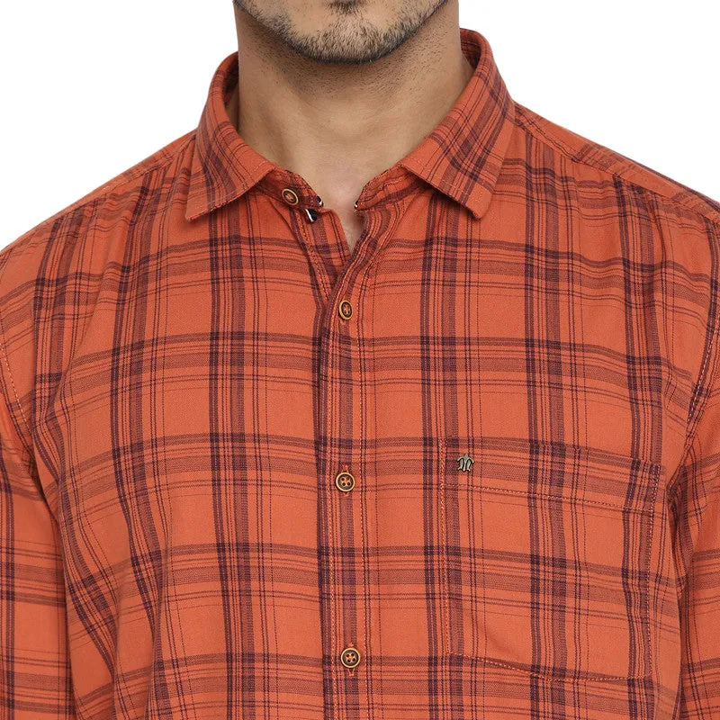 Cotton Orange Slim Fit Checkered Shirt