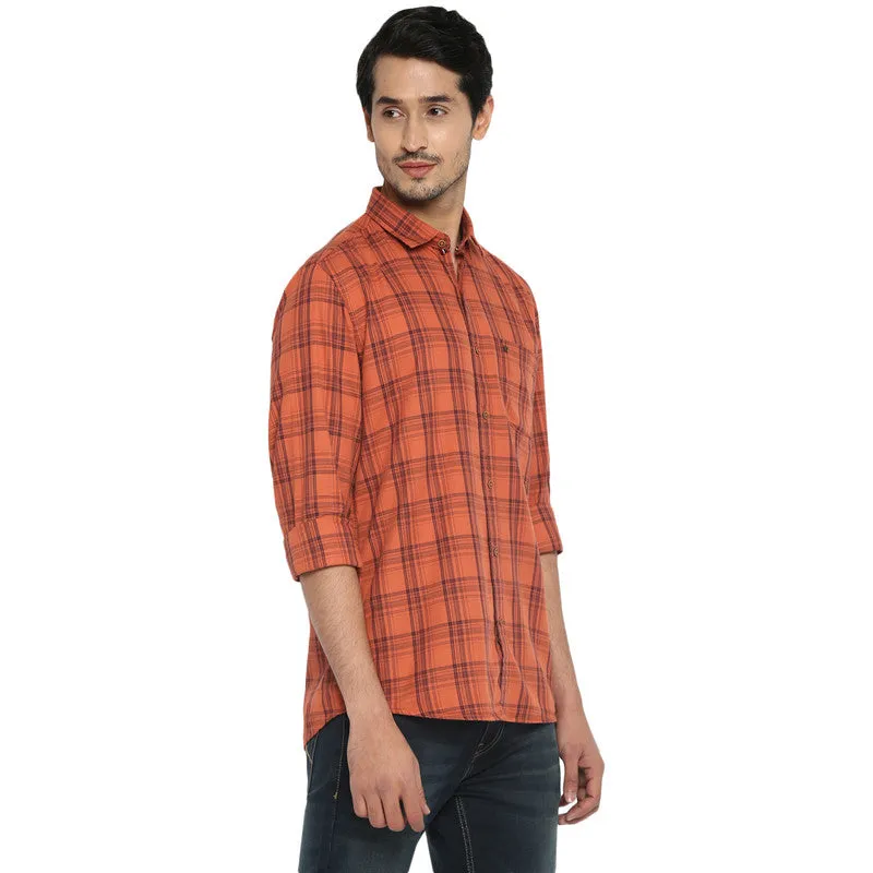 Cotton Orange Slim Fit Checkered Shirt