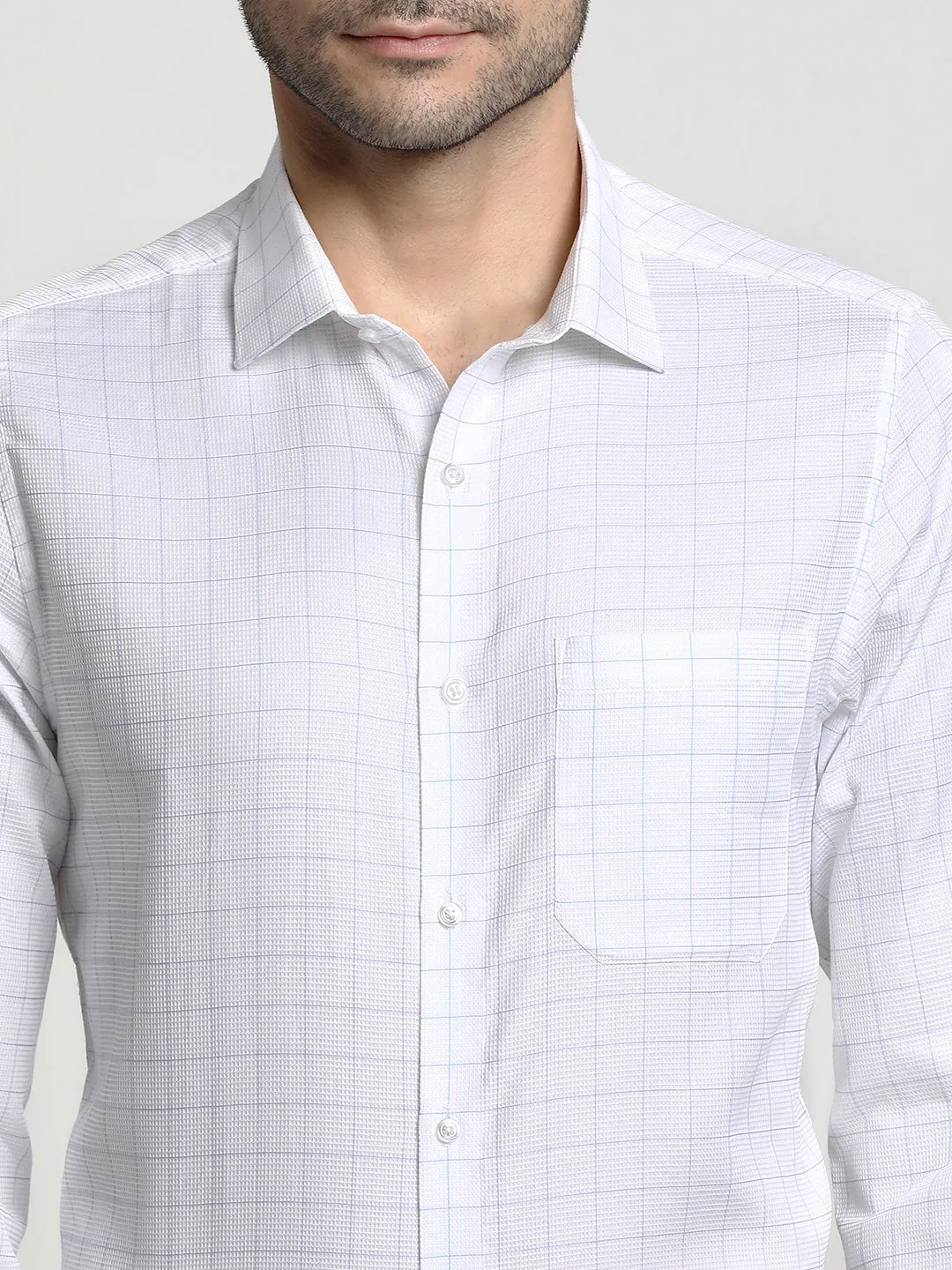 Cotton White Slim Fit Checked Formal Shirt