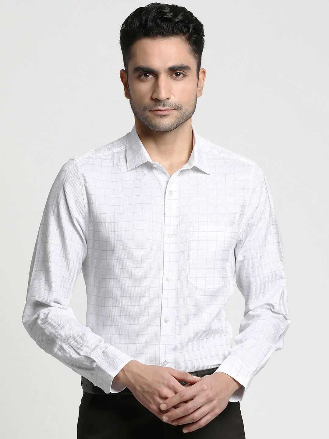 Cotton White Slim Fit Checked Formal Shirt