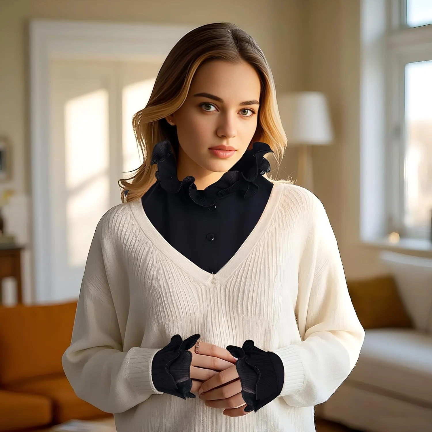 Fake Collar Half Shirt Detachable Dickey Collar Cuff Chiffon Blouse Half Shirts False Collar for Sweater Coat