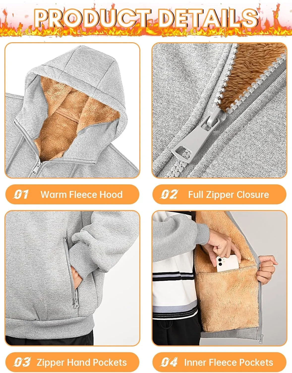 Fleece Hoodies for Men Heavyweight Winter Full-Zip Sweatshirt Sherpa Lined Hooded Thermal Jacket Thick Warm Coats