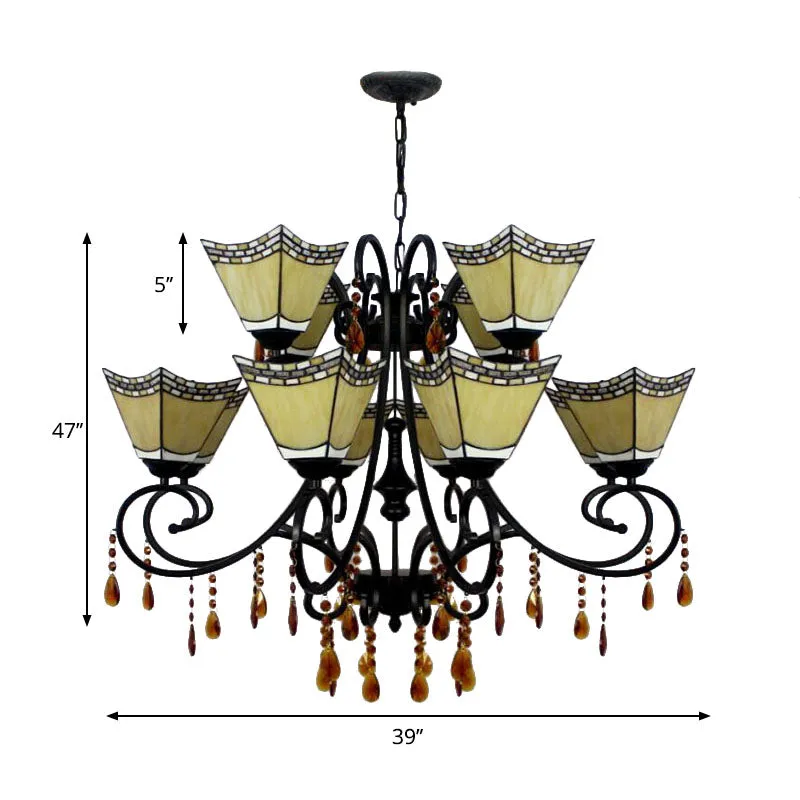 Geometric Chandelier Light Lodge - Stained Glass, 12 Lights, Crystal accents - Yellow/Blue/Sky Blue