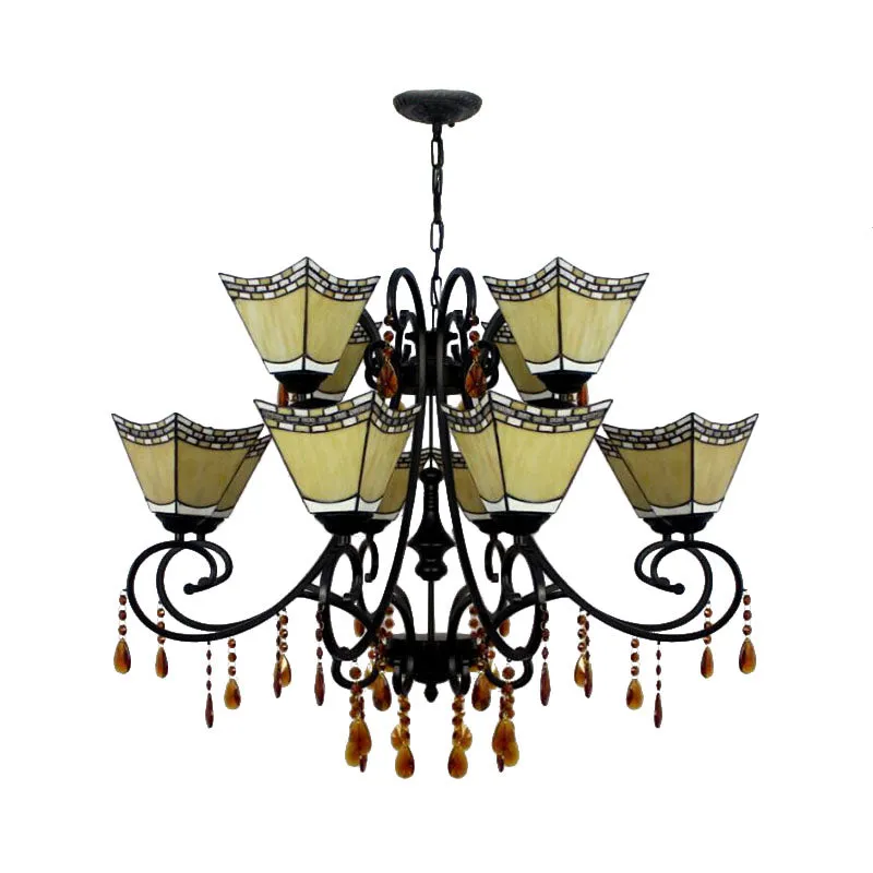 Geometric Chandelier Light Lodge - Stained Glass, 12 Lights, Crystal accents - Yellow/Blue/Sky Blue