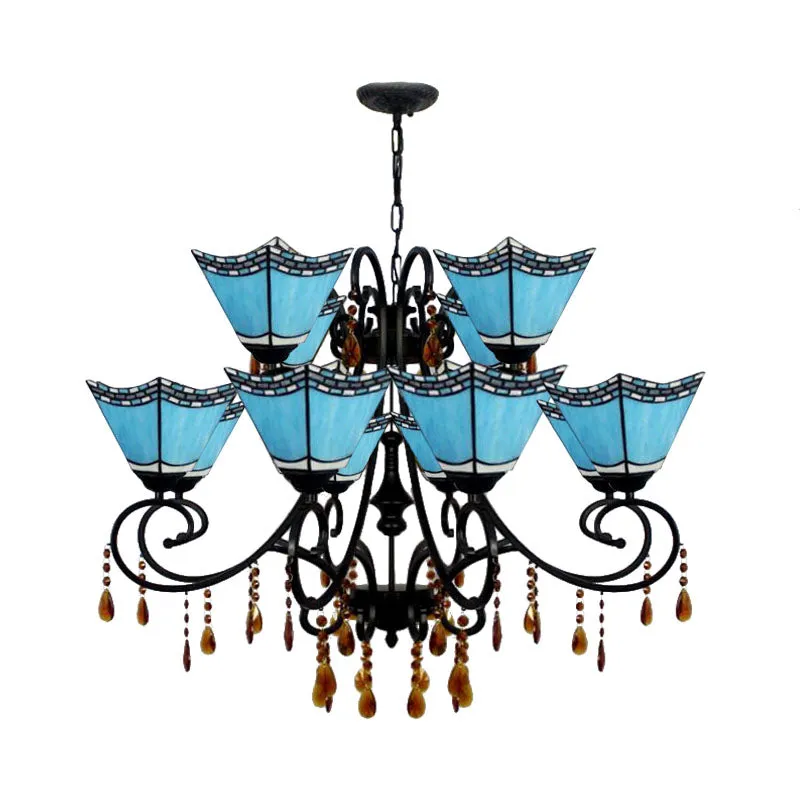 Geometric Chandelier Light Lodge - Stained Glass, 12 Lights, Crystal accents - Yellow/Blue/Sky Blue