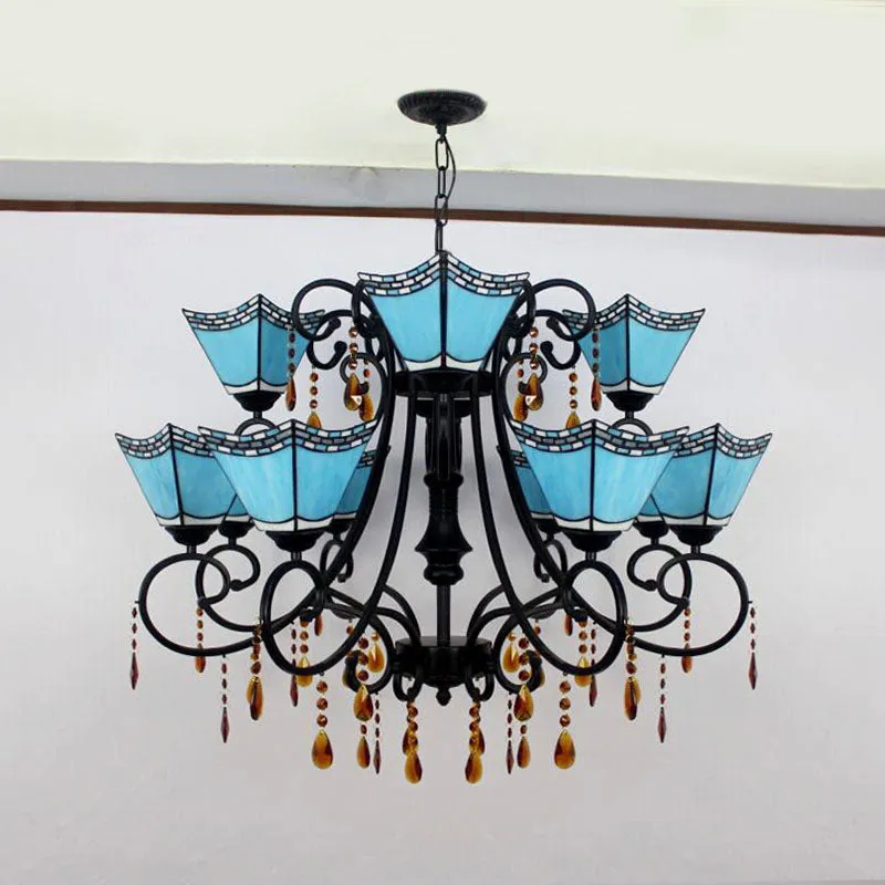 Geometric Chandelier Light Lodge - Stained Glass, 12 Lights, Crystal accents - Yellow/Blue/Sky Blue