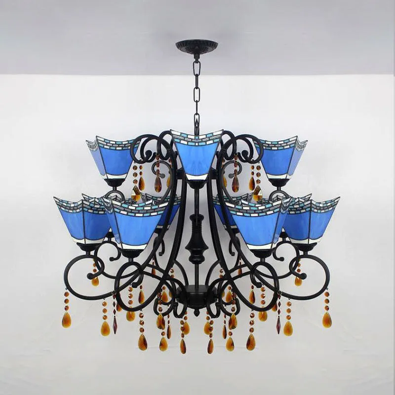 Geometric Chandelier Light Lodge - Stained Glass, 12 Lights, Crystal accents - Yellow/Blue/Sky Blue