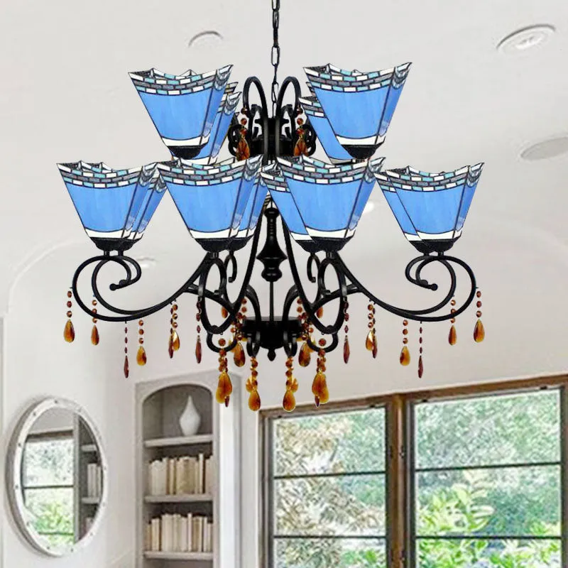 Geometric Chandelier Light Lodge - Stained Glass, 12 Lights, Crystal accents - Yellow/Blue/Sky Blue
