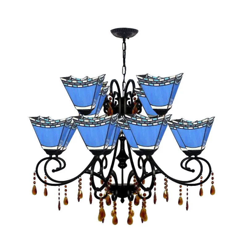Geometric Chandelier Light Lodge - Stained Glass, 12 Lights, Crystal accents - Yellow/Blue/Sky Blue