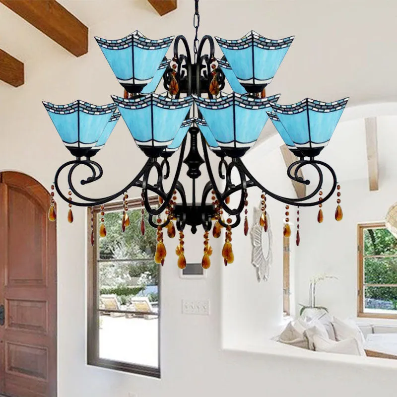 Geometric Chandelier Light Lodge - Stained Glass, 12 Lights, Crystal accents - Yellow/Blue/Sky Blue