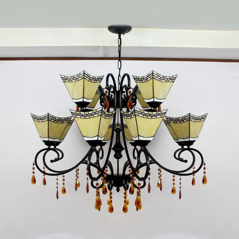 Geometric Chandelier Light Lodge - Stained Glass, 12 Lights, Crystal accents - Yellow/Blue/Sky Blue