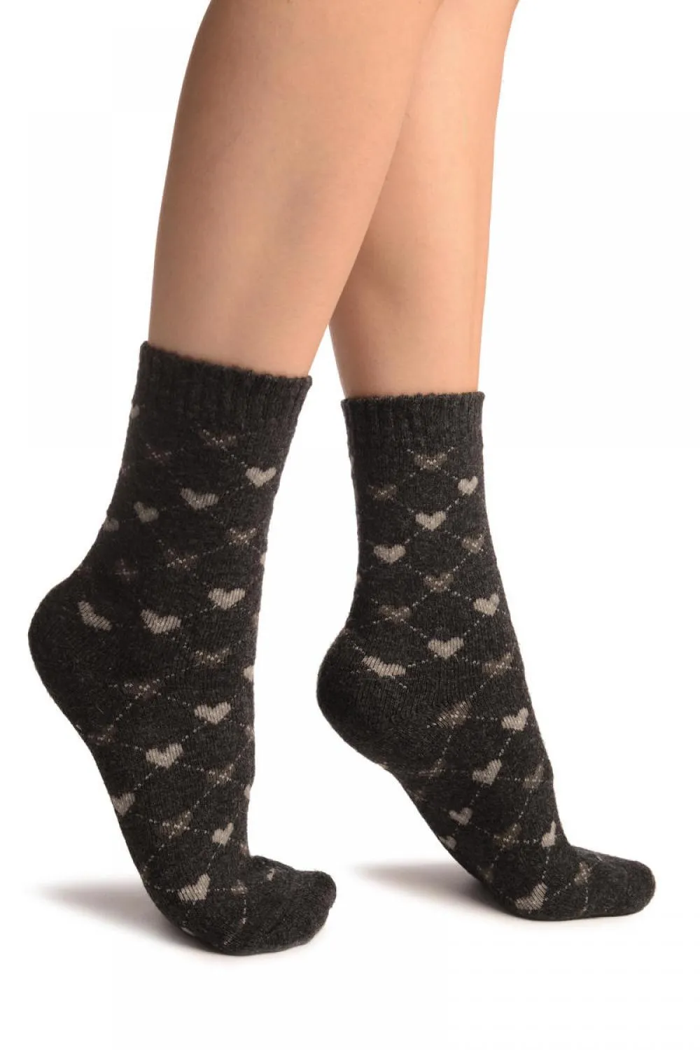 Grey Hearts On Dark Grey Angora Ankle High Socks