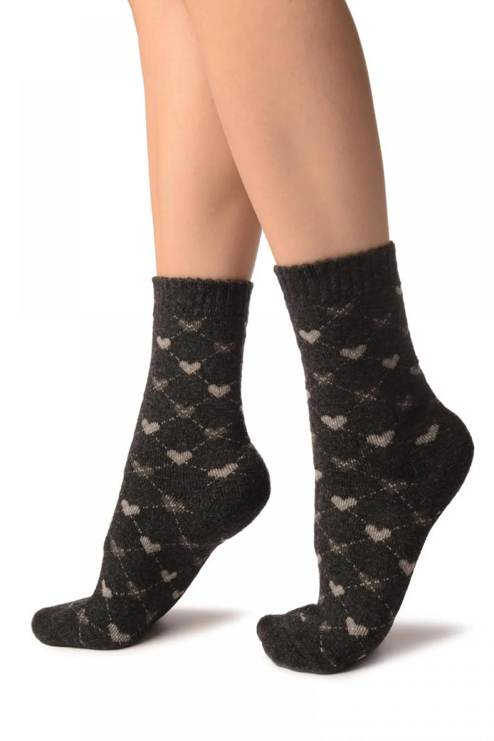 Grey Hearts On Dark Grey Angora Ankle High Socks