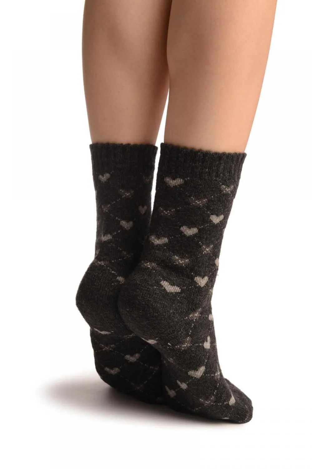 Grey Hearts On Dark Grey Angora Ankle High Socks