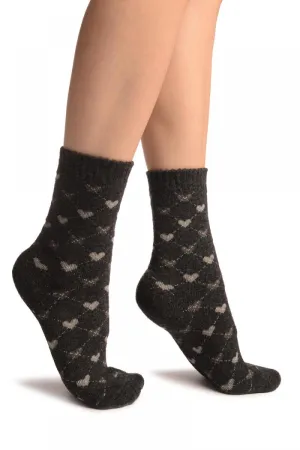 Grey Hearts On Dark Grey Angora Ankle High Socks