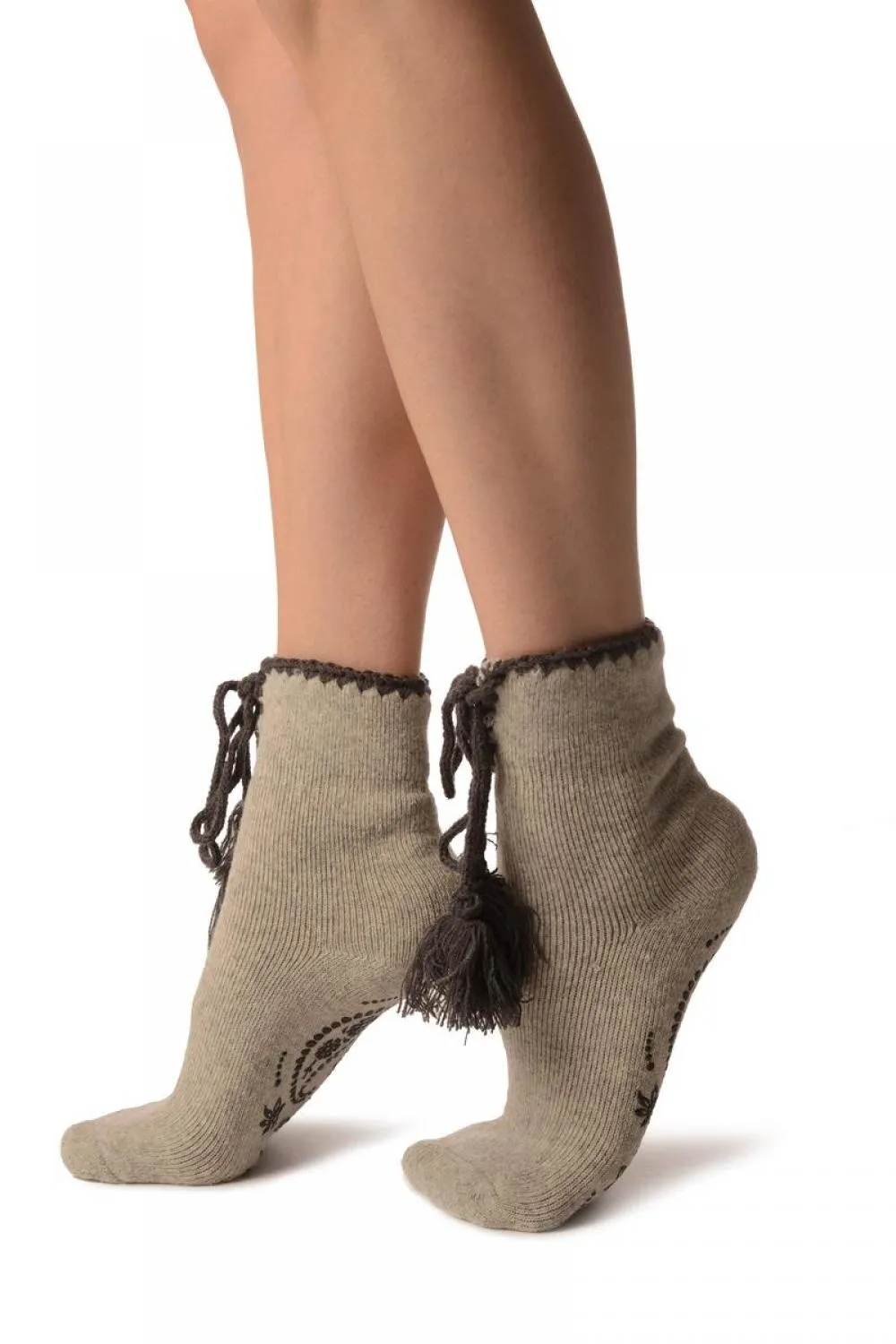 Grey Lace Up With Silicon Grip Angora Ankle High Socks