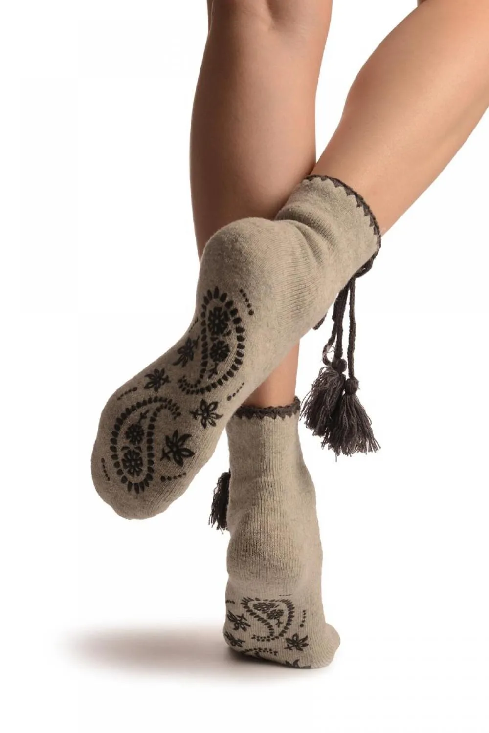 Grey Lace Up With Silicon Grip Angora Ankle High Socks