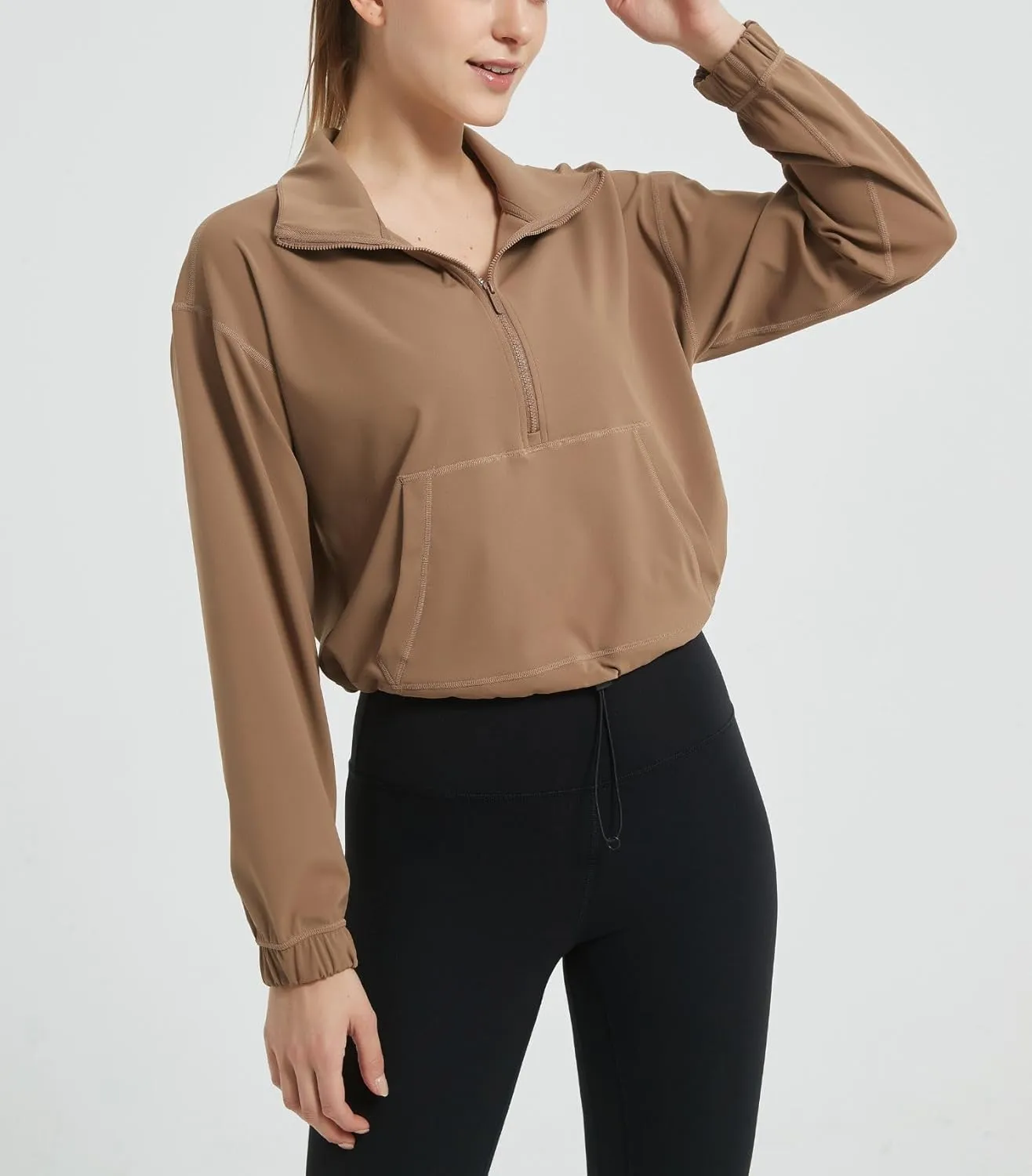 happlan Women's Half Zip Pullover Cropped Jackets Long Sleeve Athletic Running Yoga Workout Shirts for Women
