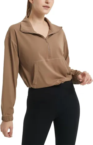 happlan Women's Half Zip Pullover Cropped Jackets Long Sleeve Athletic Running Yoga Workout Shirts for Women