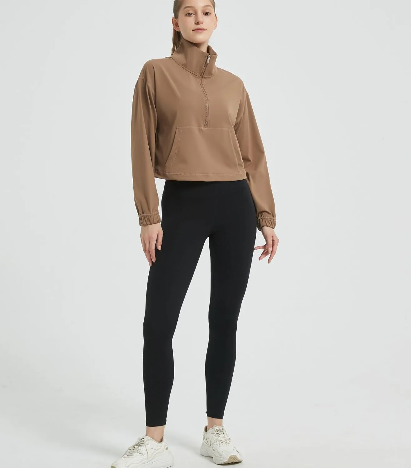 happlan Women's Half Zip Pullover Cropped Jackets Long Sleeve Athletic Running Yoga Workout Shirts for Women
