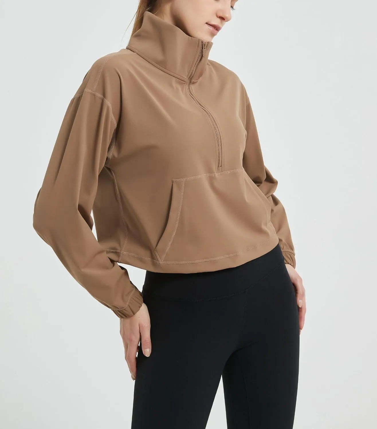happlan Women's Half Zip Pullover Cropped Jackets Long Sleeve Athletic Running Yoga Workout Shirts for Women