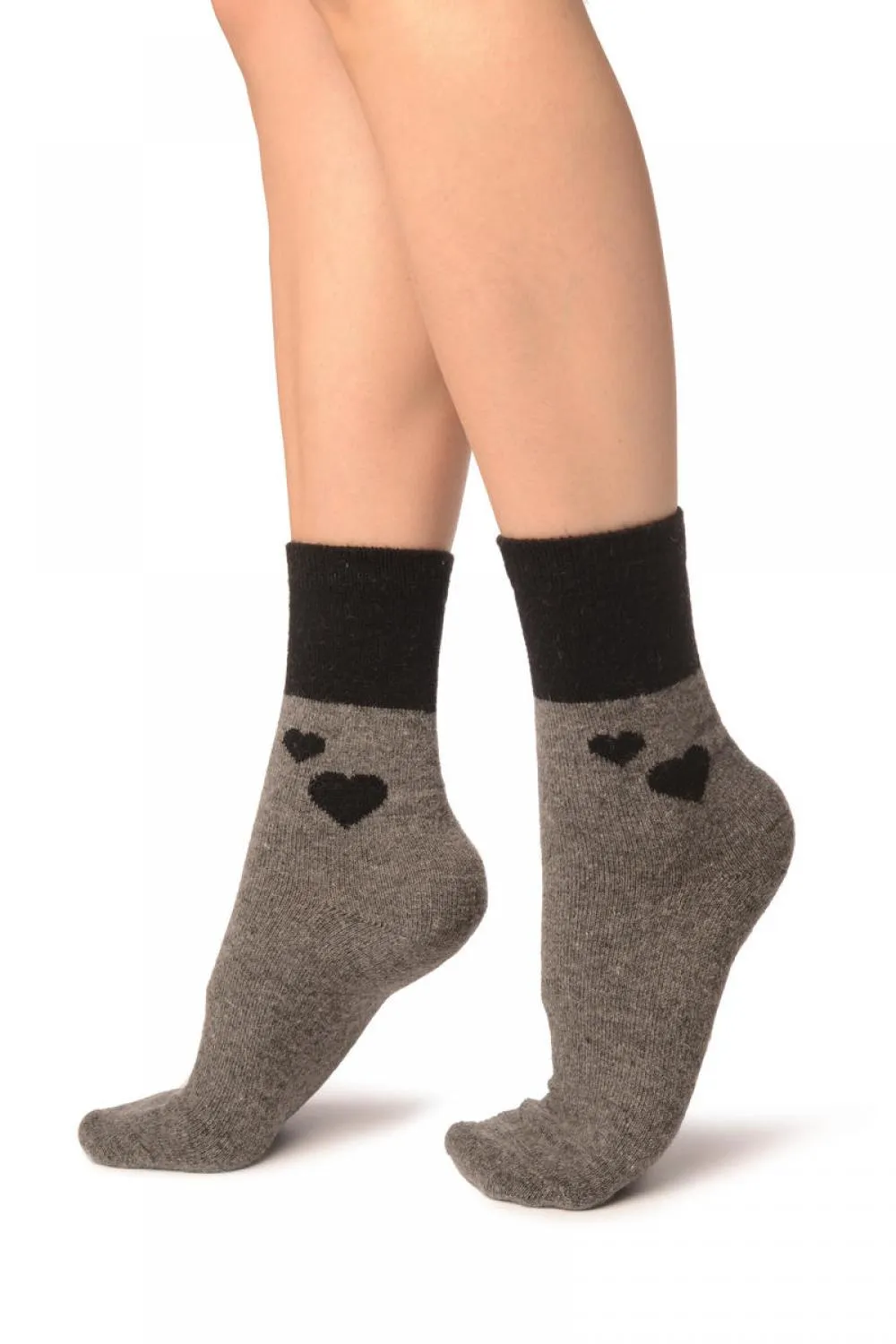 Hearts On Grey Angora Ankle High Socks