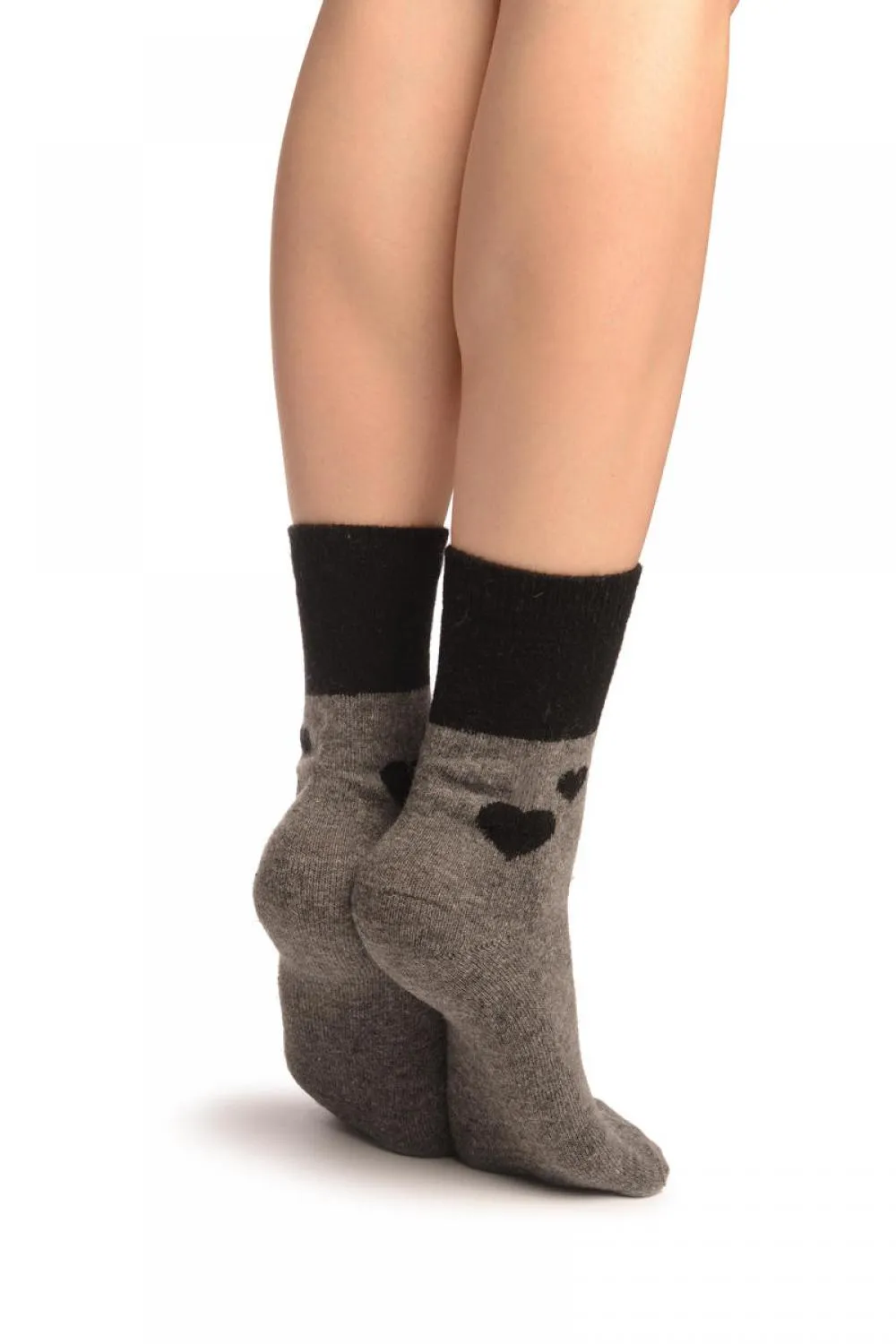 Hearts On Grey Angora Ankle High Socks