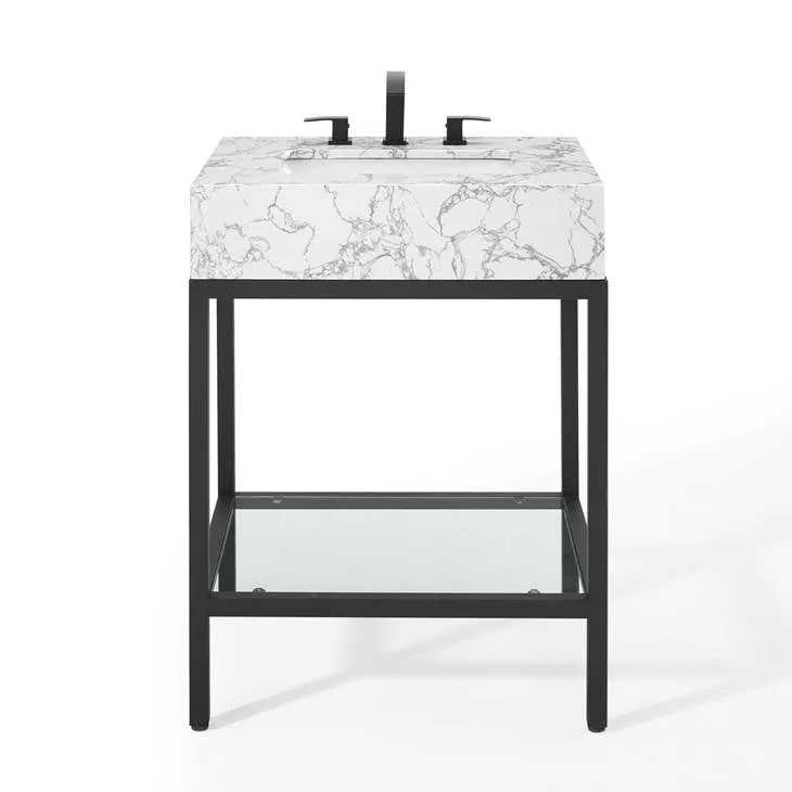 Kingsley 26" Black Stainless Steel Bathroom Vanity Black White