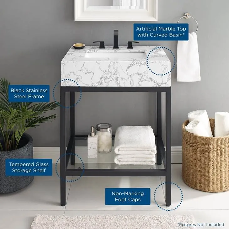 Kingsley 26" Black Stainless Steel Bathroom Vanity Black White