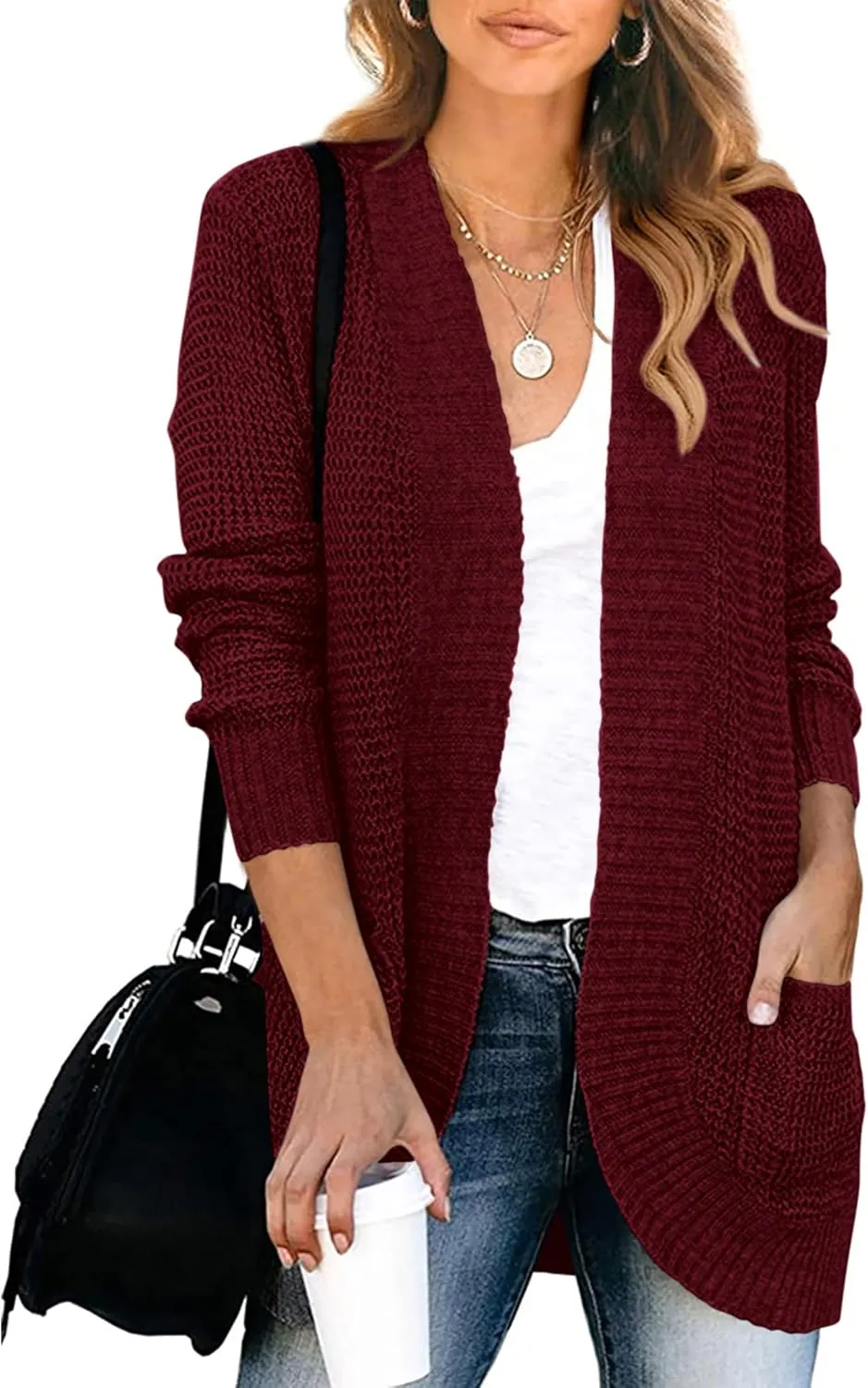 KIRUNDO Cardigan Sweaters for Women 2024 Fall Open Front Long Sleeve Loose Lightweight Knit Sweater Coat with Pockets