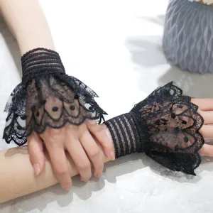 MIUPOO Detachable Fake Sleeve,Floral Layered Cuff,Elastic Fingerless Hand Sleeve Ruffled Floral Short Lace Gloves for Party Prom Masquerade,Wrist Warmers,Black
