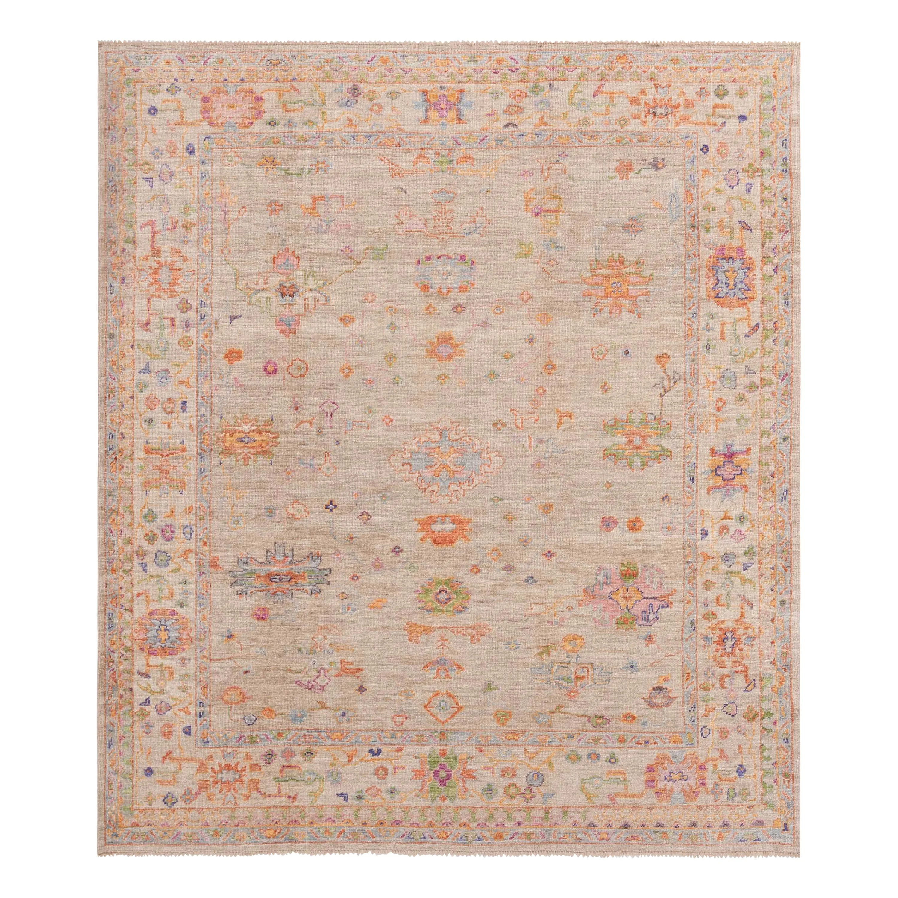 Multicolored Traditional Turkish Oushak Wool Rug - 7'11" x 9'3"