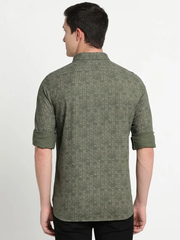 Olive Cotton Printed Slim Fit Casual Shirt