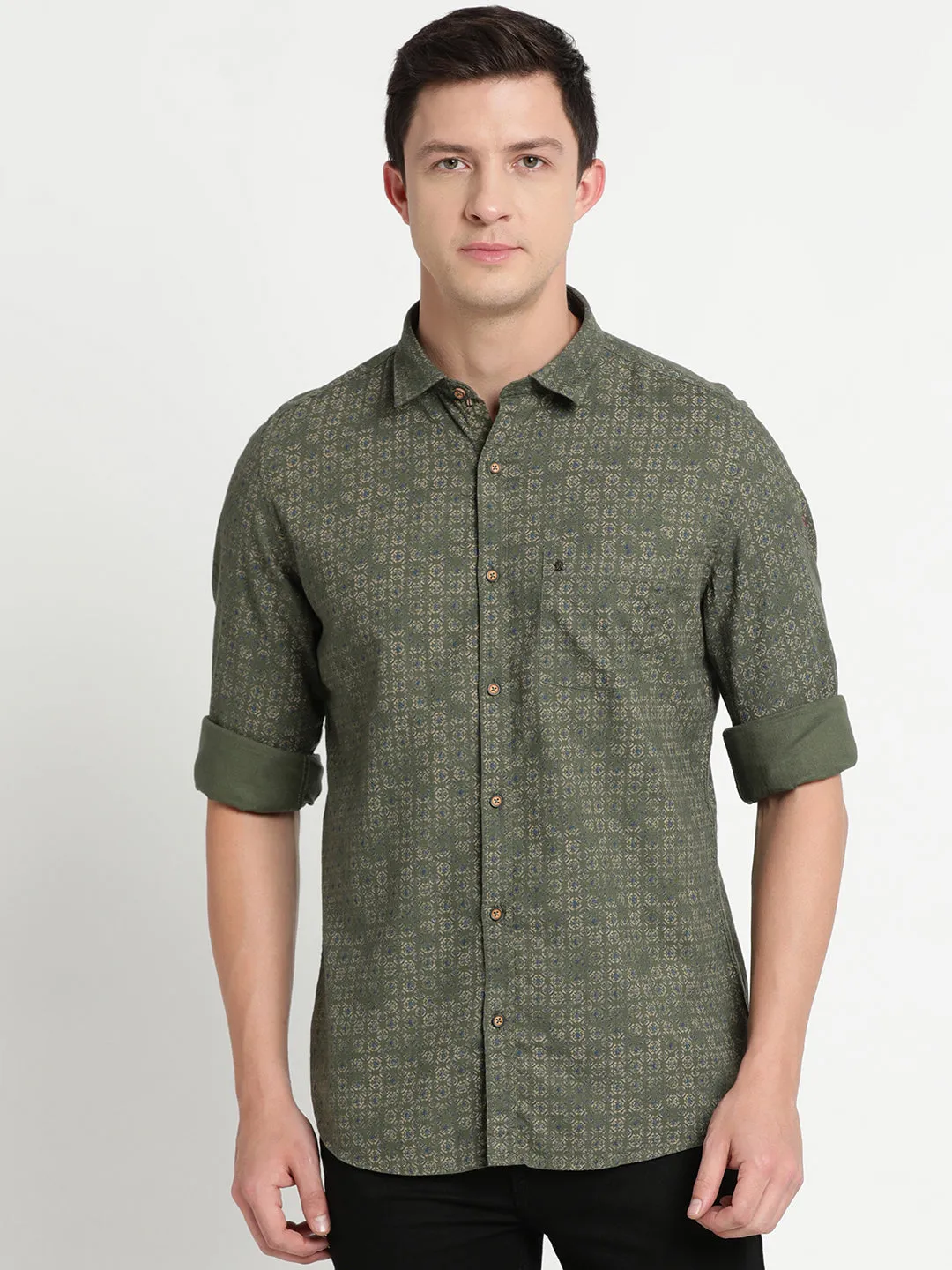 Olive Cotton Printed Slim Fit Casual Shirt