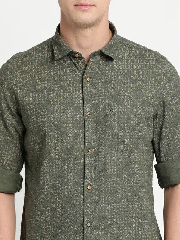 Olive Cotton Printed Slim Fit Casual Shirt