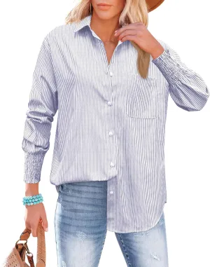 OMSJ Womens Striped Button Down Shirts Smocked Cuffed Sleeve Stylish Collared Office Work Blouses with Pocket