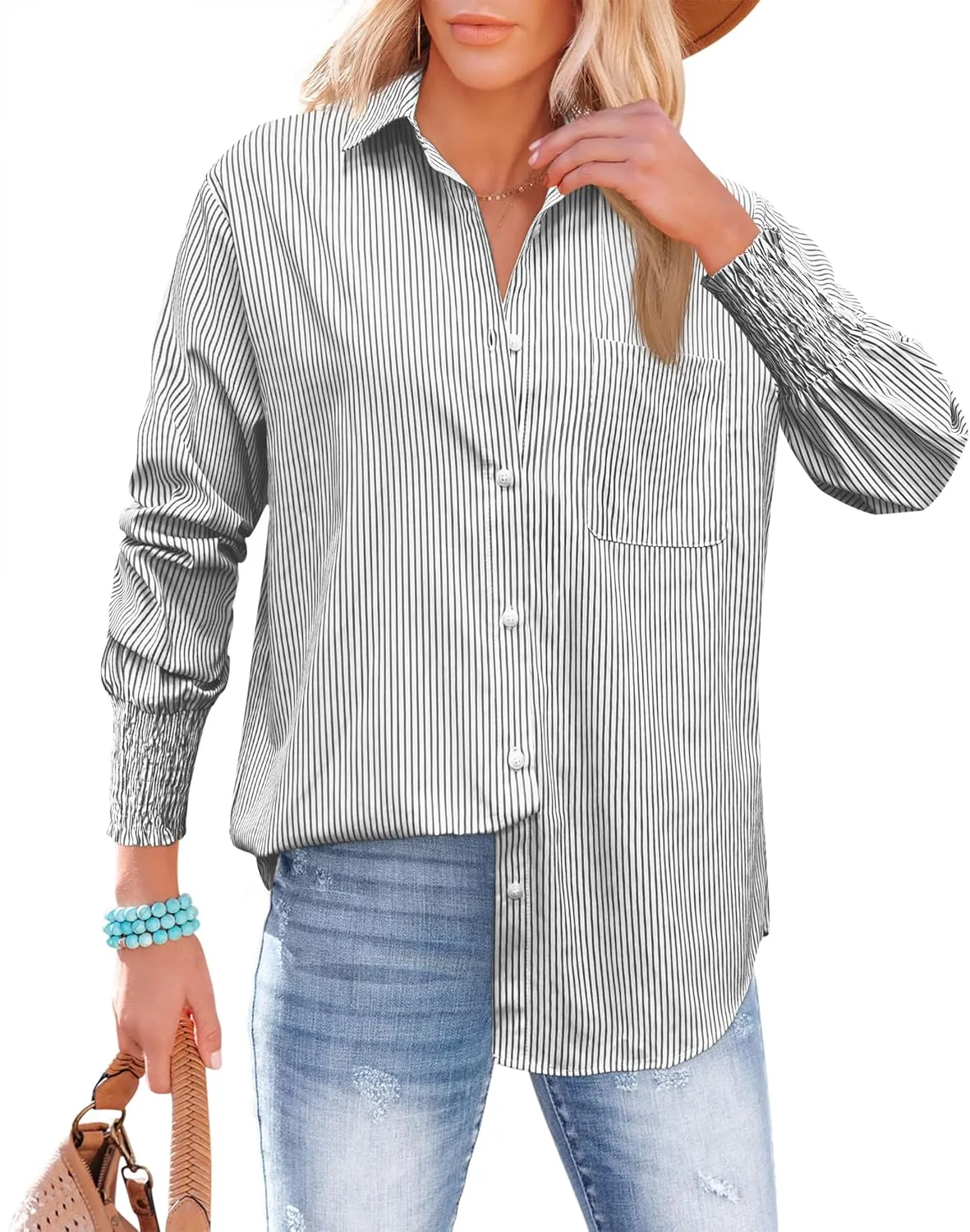OMSJ Womens Striped Button Down Shirts Smocked Cuffed Sleeve Stylish Collared Office Work Blouses with Pocket